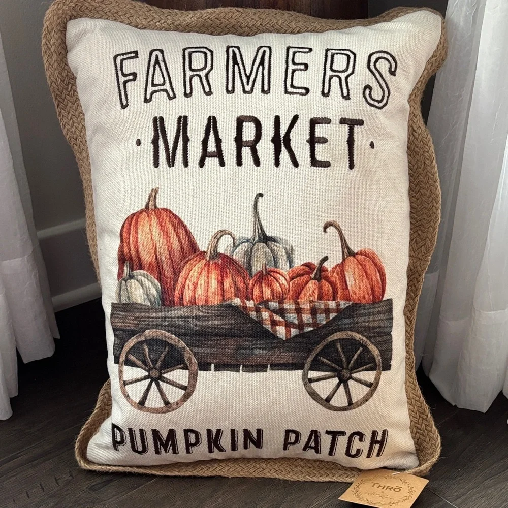 THRO Duck Feather Fill,zipper,embroidered,jute trim,Farmers Market Pumpkin,Fall